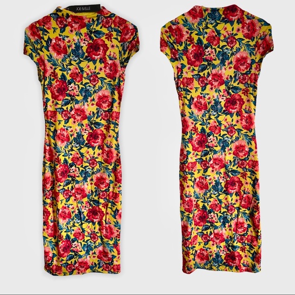 NWT Joe & Elle Red Yellow Rose Bodycon Dress Small Bridgerton Floral Tea Dress - Picture 3 of 6